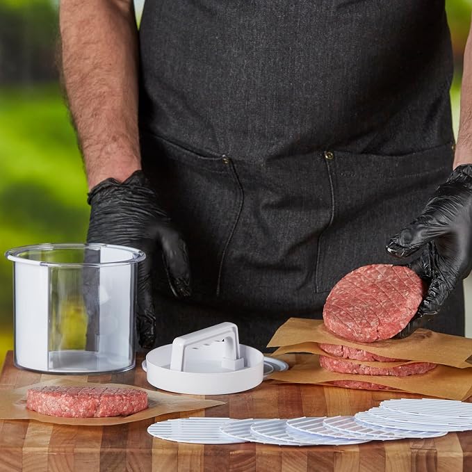 🍔 Hamburger Press Patty Maker - Non-Stick Burger Mold Shaper with Freezer Storage Container - 12-Piece Set with 8-Layer Plastic Discs for BBQ Grill.