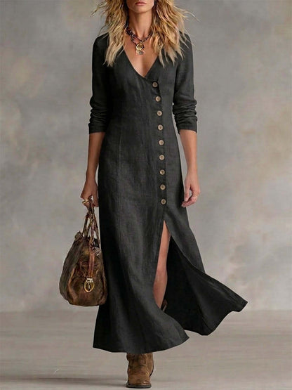Long Multi-Button Fashion Cotton And Linen Dresses