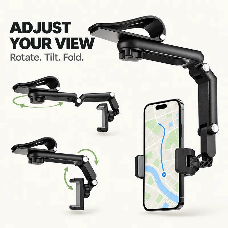 🎁Foldable Car Phone Holder for Sun Visor, Adjustable Arm with 360° Phone Rotation, Spring Clip Mount for 4–6.5 Inch Smartphones, Black,toolupgrade