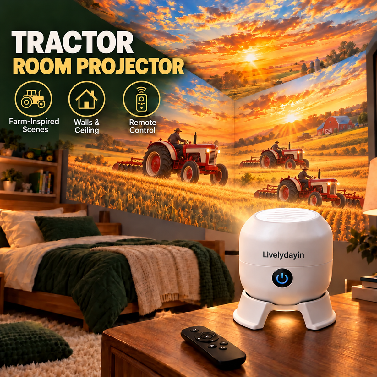 ⚡Last Day 50% OFF🚜 Tractor & Farm Scene Room Projector – Wall & Ceiling Décor for Tractor Lovers