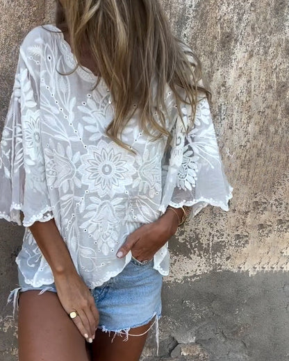 Aumora Butterfly Sleeve Round Neck Embroidered Blouse