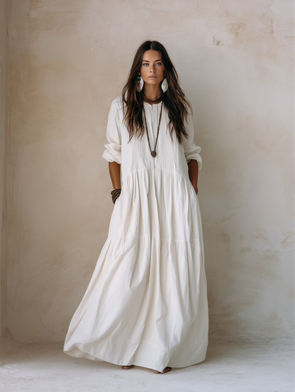 Coastal Chic Soft Cotton Oversized Off-White Smock Maxi Dress