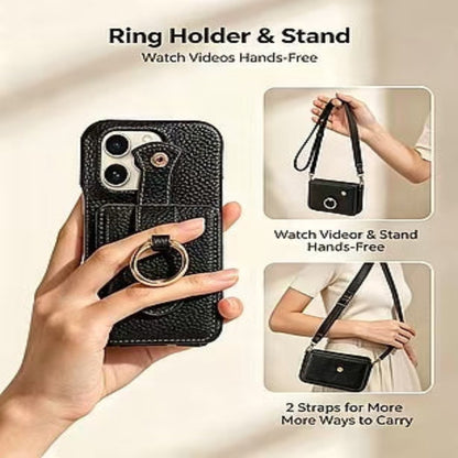 🎁Wallet Case with Ring,High Stylish Luxury Leather Accordion Card Holder,Anti-Drop Lanyard,Multi-Functional Ring Stand,Protective Leather Case