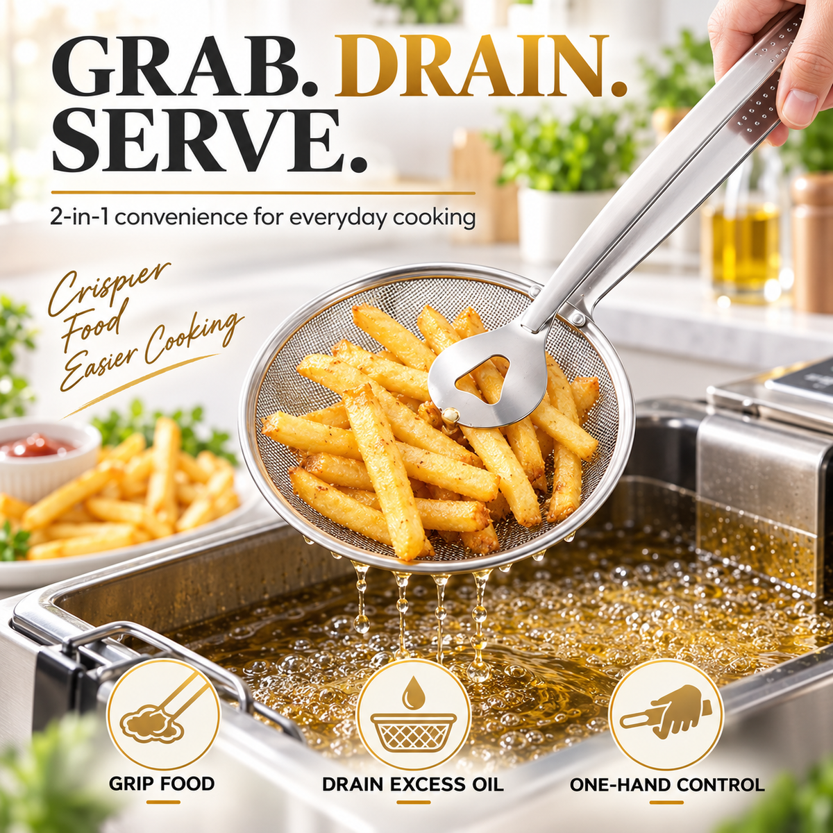 🔥🔥🔥 50% OFF Today 2-in-1 Spider Strainer Tongs for Frying & Draining