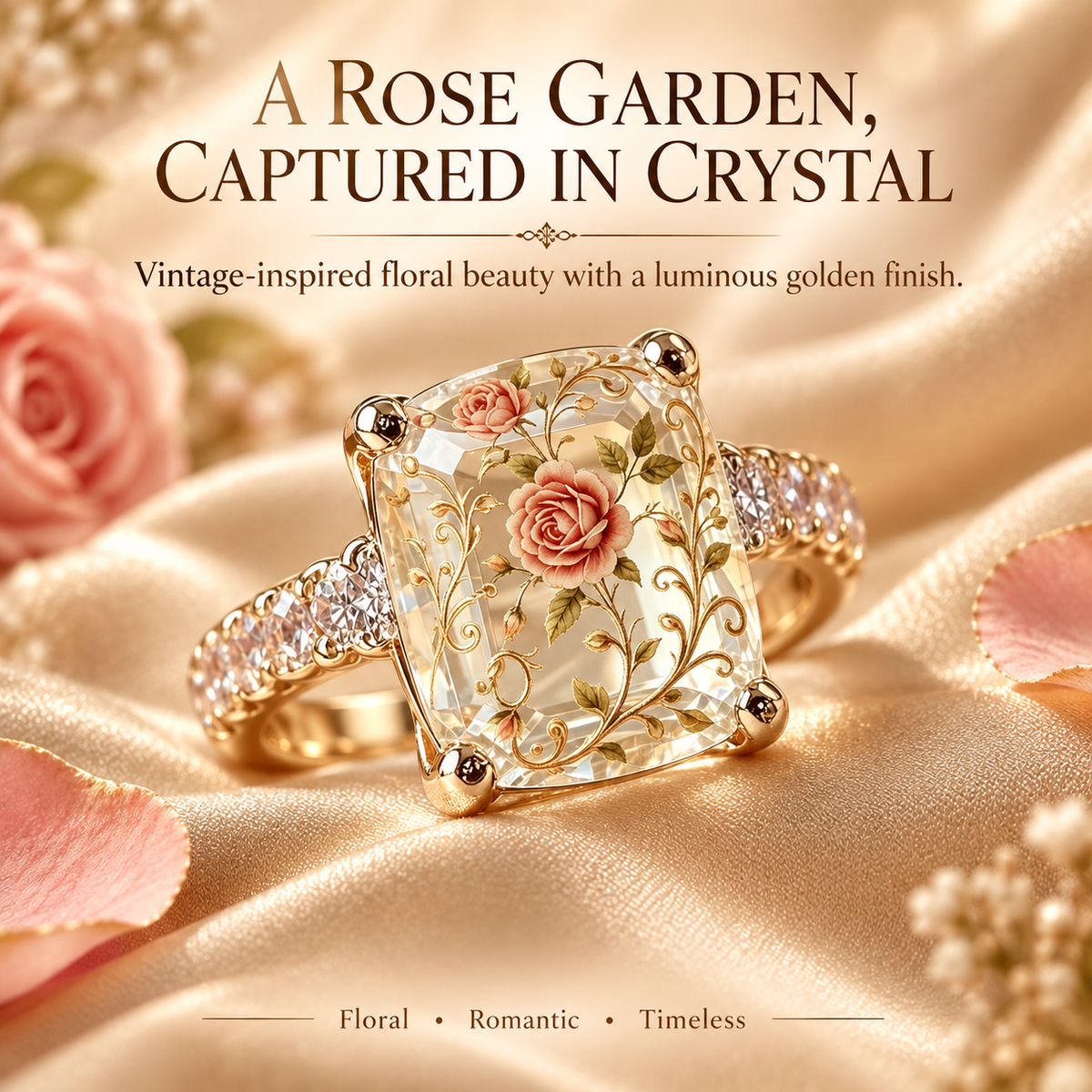 💎🌹Vintage Rose Floral Statement Ring | Gold-Tone Band, US Sizes 6-10