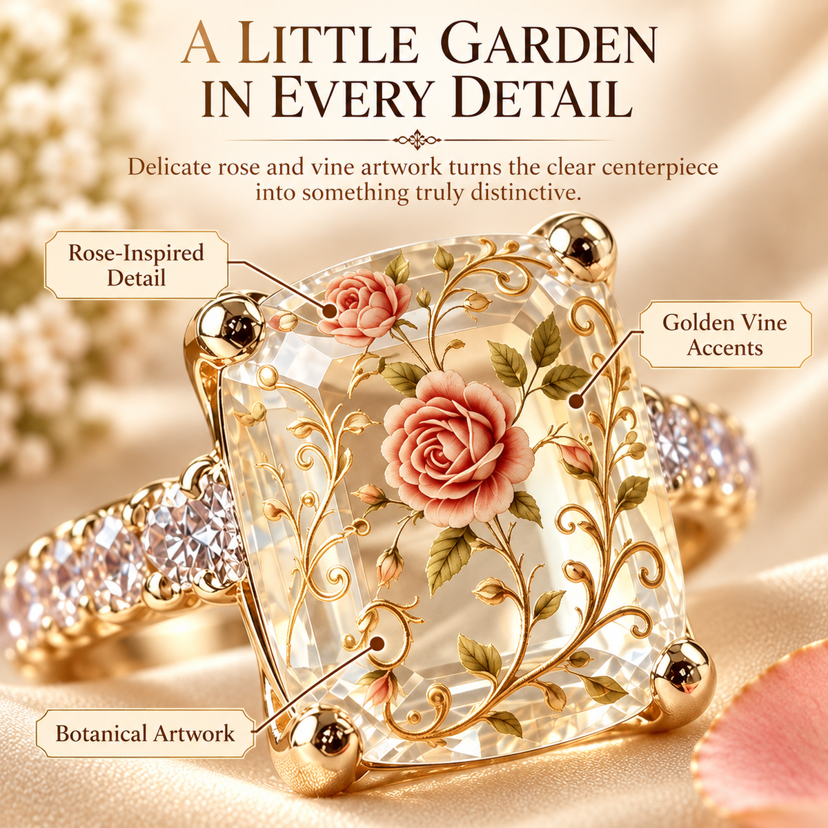 💎🌹Vintage Rose Floral Statement Ring | Gold-Tone Band, US Sizes 6-10