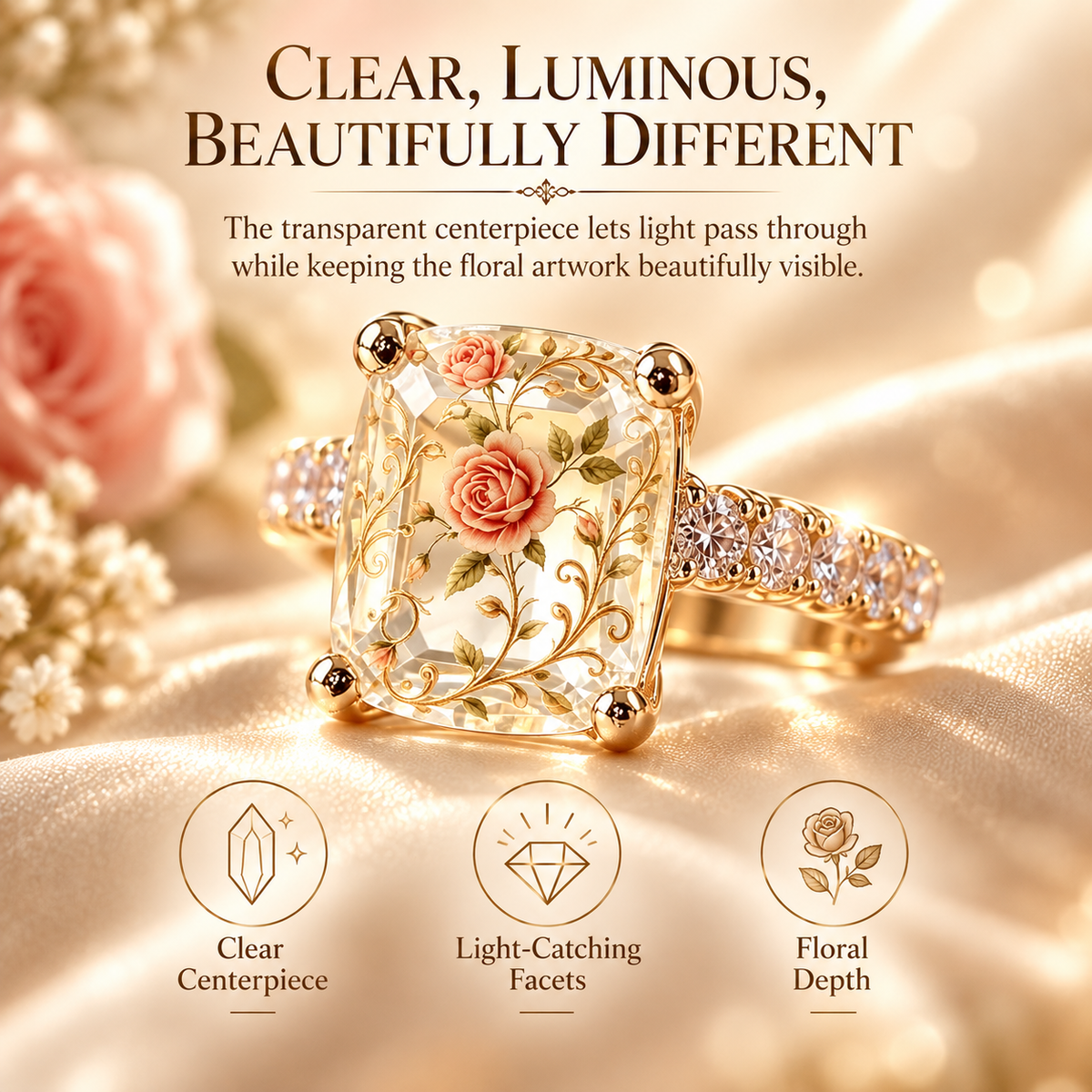 💎🌹Vintage Rose Floral Statement Ring | Gold-Tone Band, US Sizes 6-10
