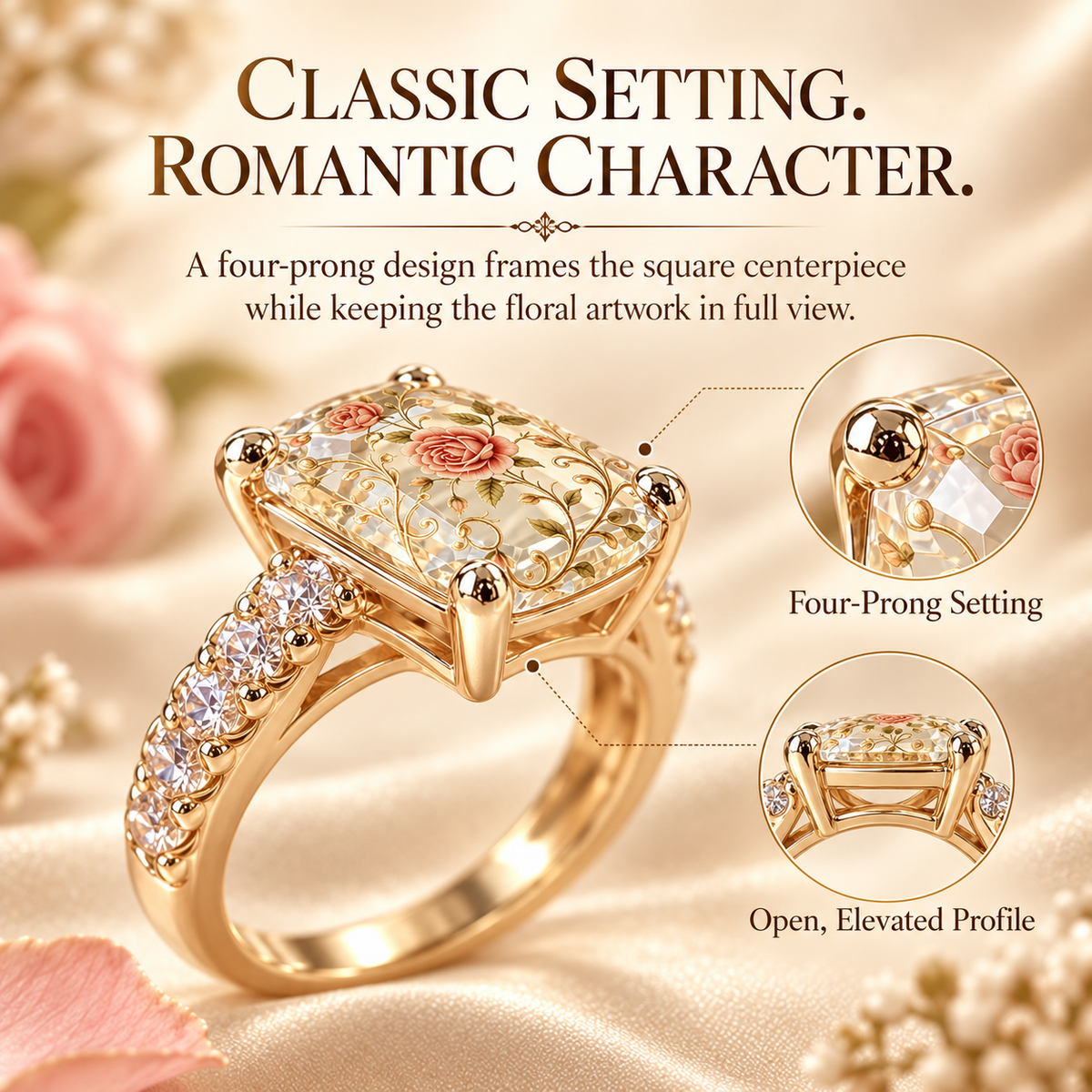 💎🌹Vintage Rose Floral Statement Ring | Gold-Tone Band, US Sizes 6-10