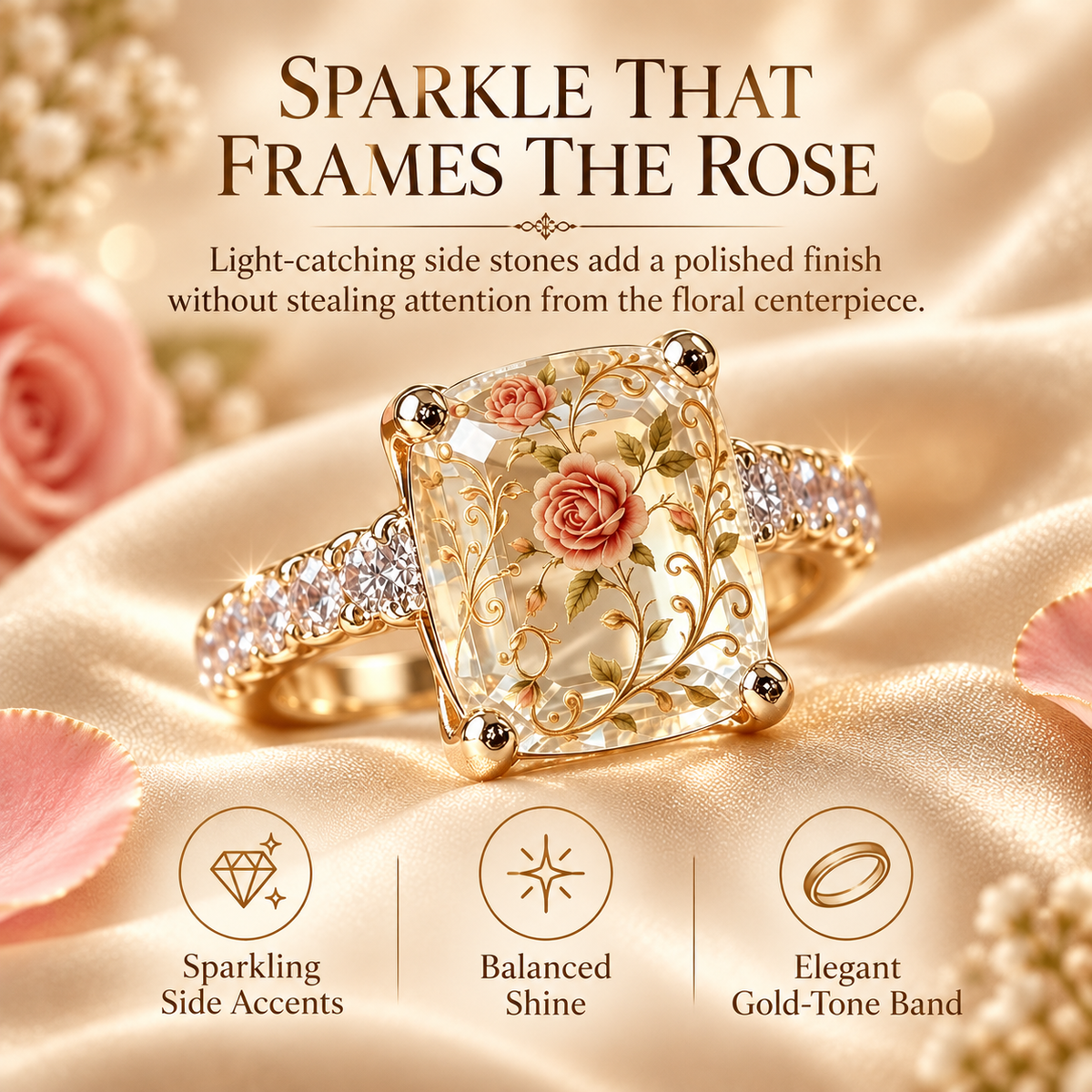 💎🌹Vintage Rose Floral Statement Ring | Gold-Tone Band, US Sizes 6-10