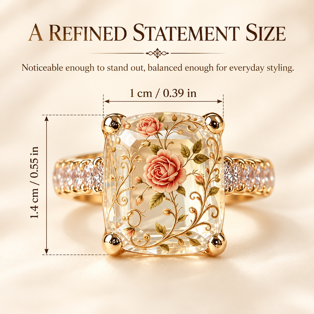 💎🌹Vintage Rose Floral Statement Ring | Gold-Tone Band, US Sizes 6-10
