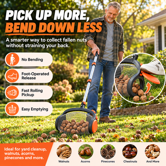 🌰🐿️Telescoping Nut Gatherer with Foot-Operated Release – Rolling Walnut, Acorn & Pinecone Picker for Yard Cleanup