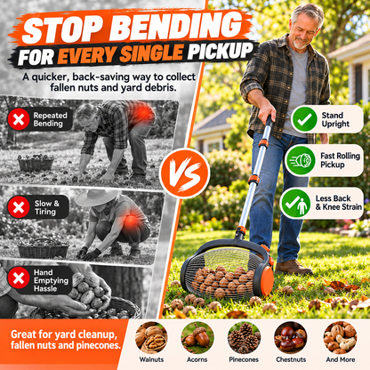 Telescoping Nut Gatherer with Foot-Operated Release – Rolling Walnut, Acorn & Pinecone Picker for Yard Cleanup