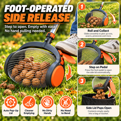 Telescoping Nut Gatherer with Foot-Operated Release – Rolling Walnut, Acorn & Pinecone Picker for Yard Cleanup