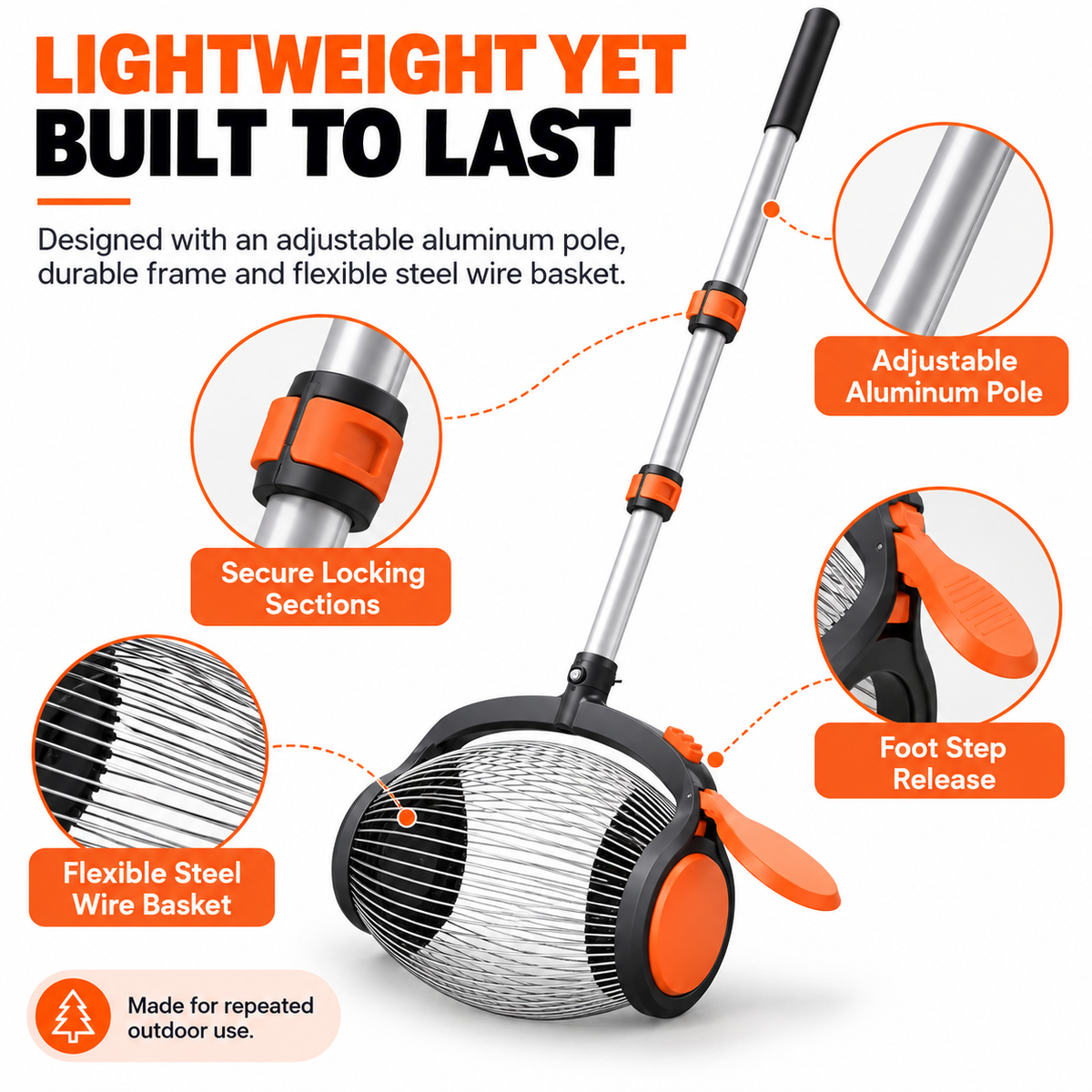 Telescoping Nut Gatherer with Foot-Operated Release – Rolling Walnut, Acorn & Pinecone Picker for Yard Cleanup