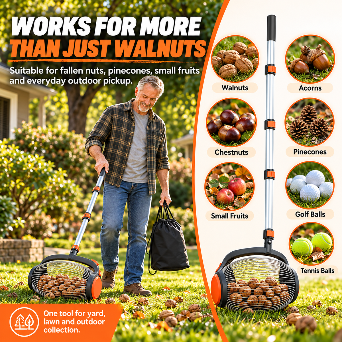 Telescoping Nut Gatherer with Foot-Operated Release – Rolling Walnut, Acorn & Pinecone Picker for Yard Cleanup