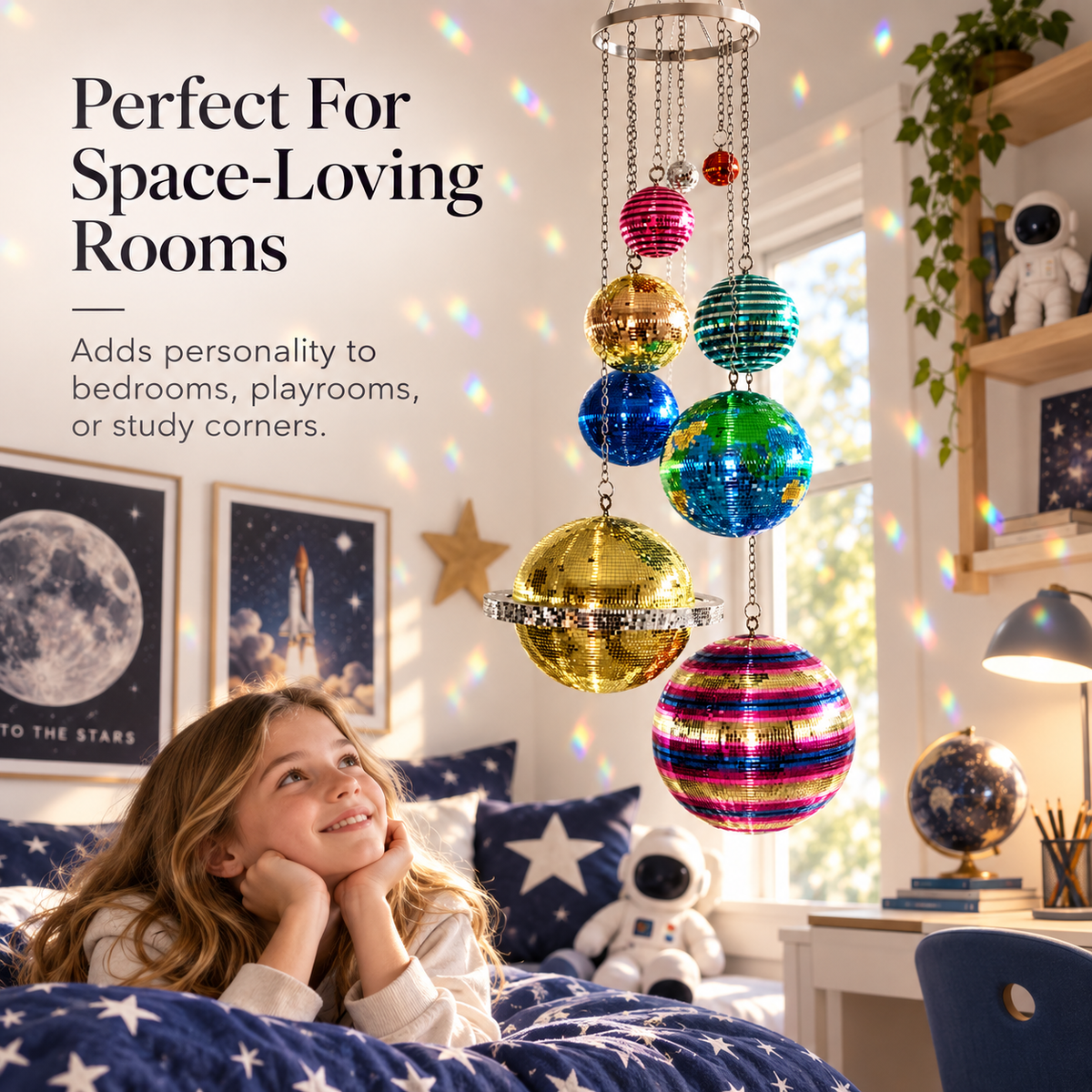 🪐 Solar System Disco Ball Hanging Mobile – Colorful Reflective Celestial Room Decor