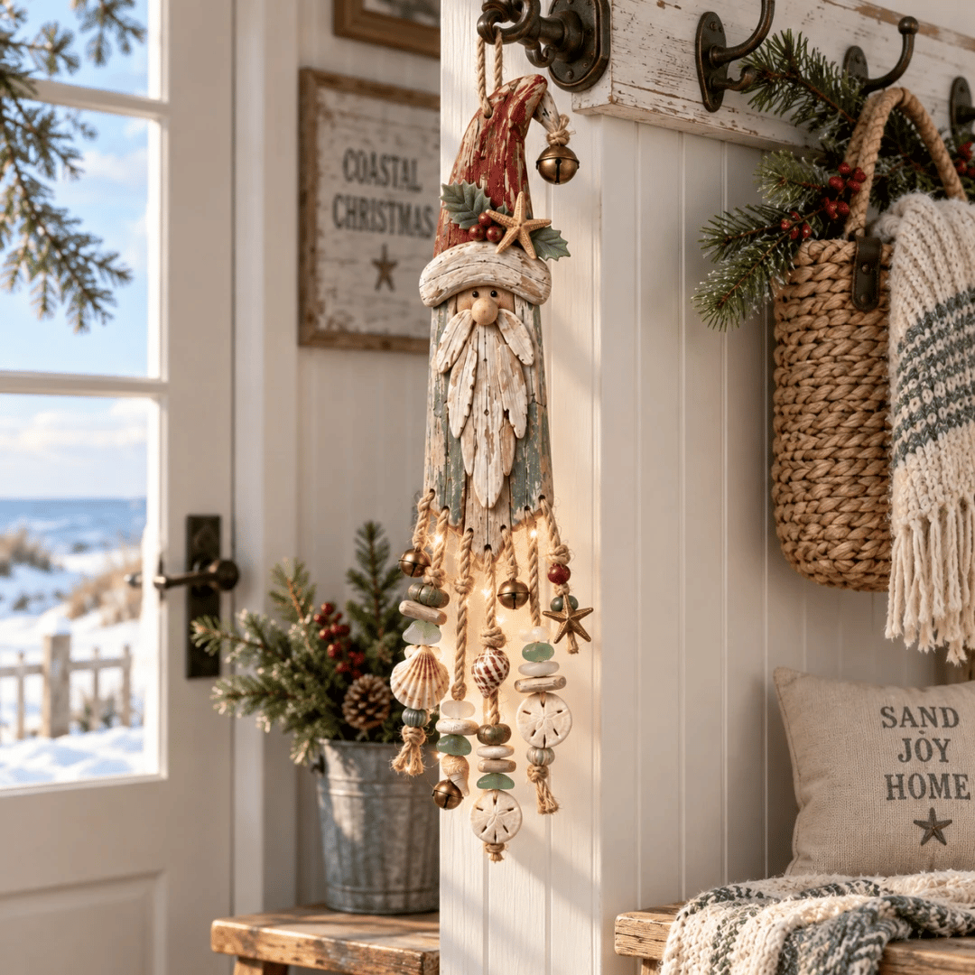 🔔🎄Vintage Coastal Santa Lighted Wall Decor – Beach House Christmas Hanging with Starfish, Shells & Warm Glow🌙