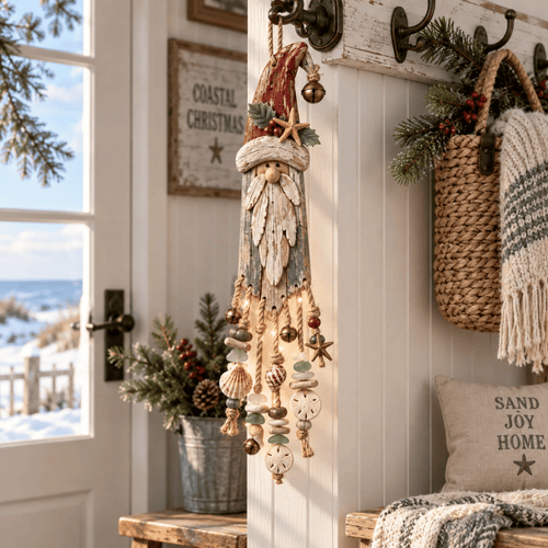 🔔🎄Vintage Coastal Santa Lighted Wall Decor – Beach House Christmas Hanging with Starfish, Shells & Warm Glow🌙