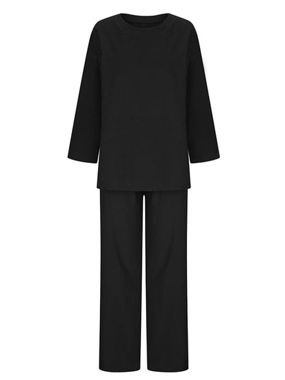 Solid Color Loose Long Sleeves Round-Neck Shirts Top + Drawstring Pants Bottom Two Pieces Set