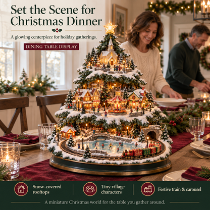 ⛷️ Lighted Christmas Village Tree – With Train& Carousel