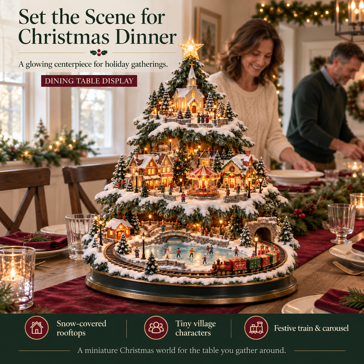 🏂Lighted Christmas Village Tree – With Train& Carousel