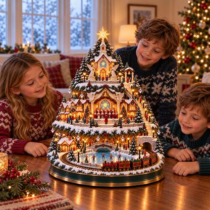 ⭐ Last day to save 49% –🎄OFF Lighted Christmas Village Tree with Train & Carousel