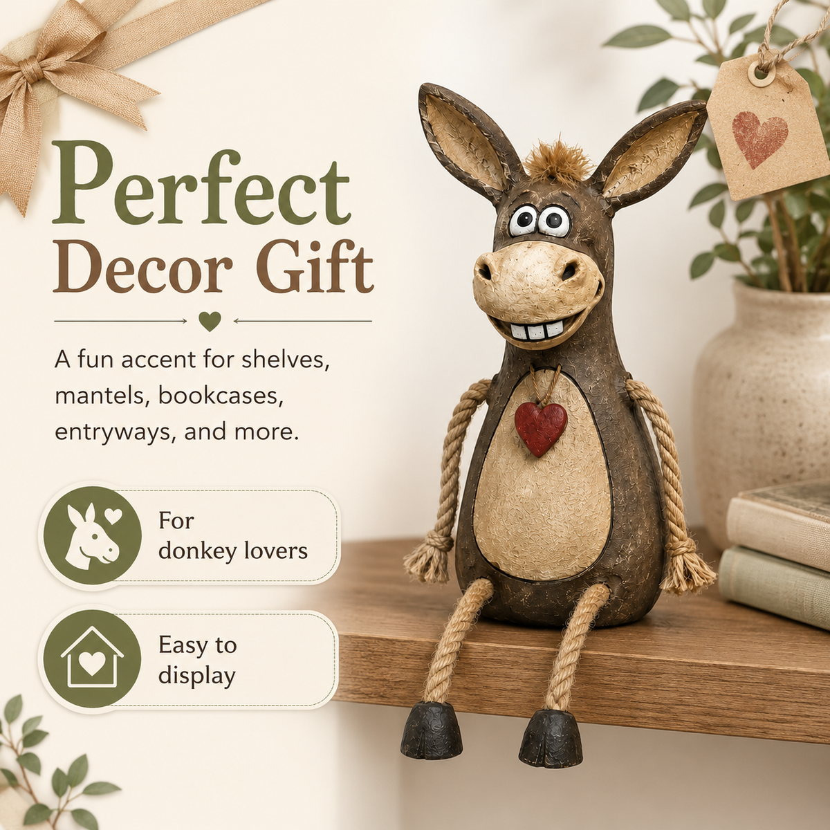 Rustic Donkey Shelf Sitter Figurine with Dangling Rope Legs