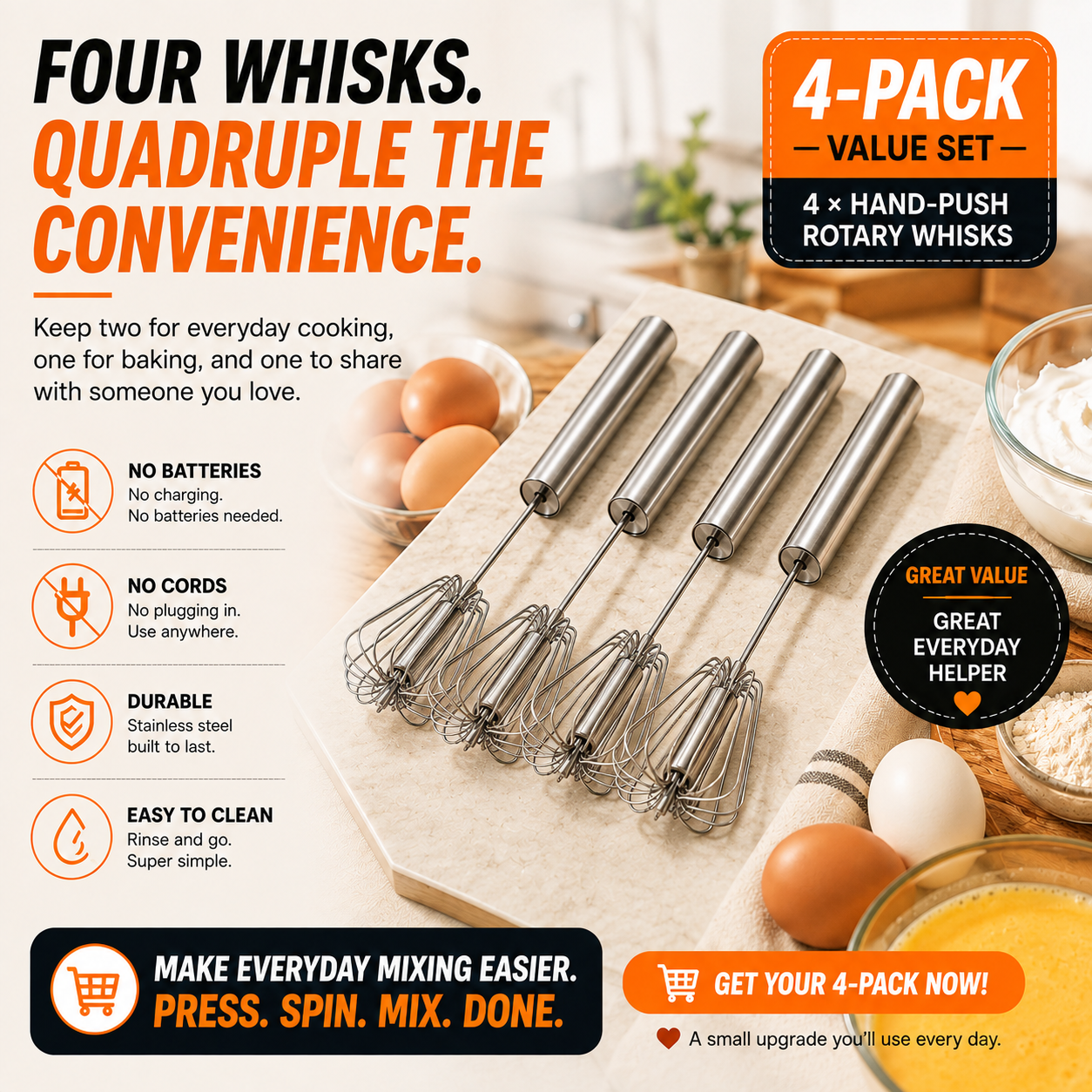 🍰 2-Pack Hand-Push Rotary Whisk – Press, Spin & Mix with Ease