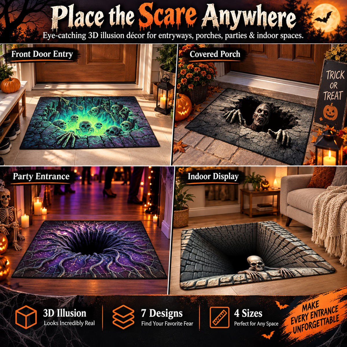 ❤️3D Halloween Optical Illusion Door Mat – Spooky Non-Slip Entryway Rug