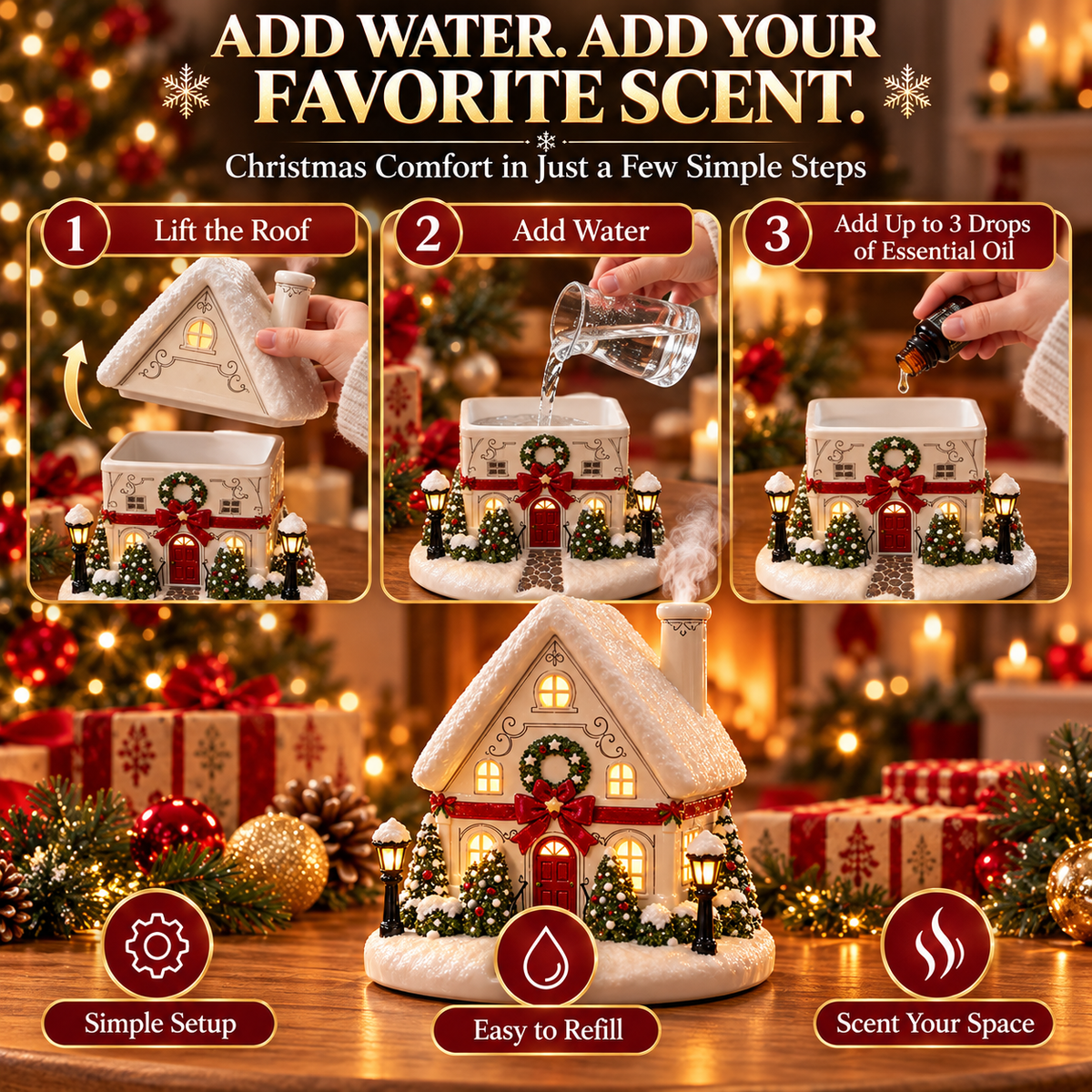 🎅Christmas Village Aroma Diffuser – Glowing Holiday House with Chimney Mist & Essential Oil Scent