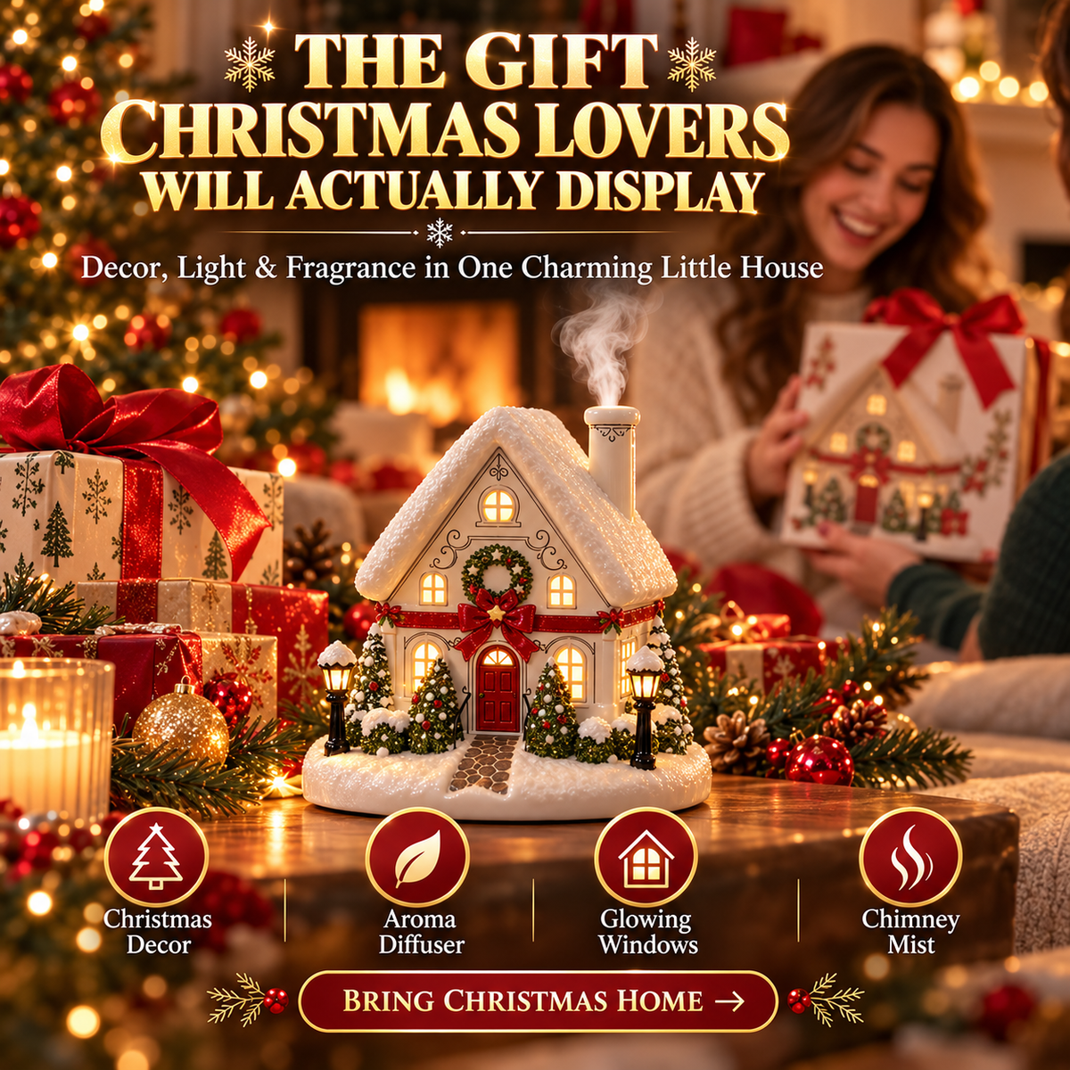 🎅Christmas Village Aroma Diffuser – Glowing Holiday House with Chimney Mist & Essential Oil Scent