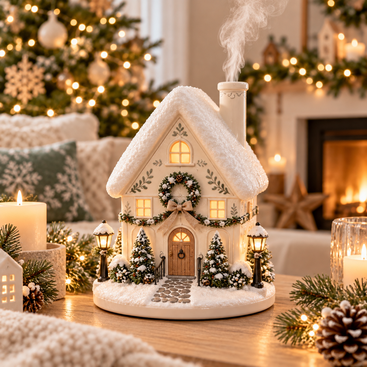 🎅Christmas Village Aroma Diffuser – Glowing Holiday House with Chimney Mist & Essential Oil Scent