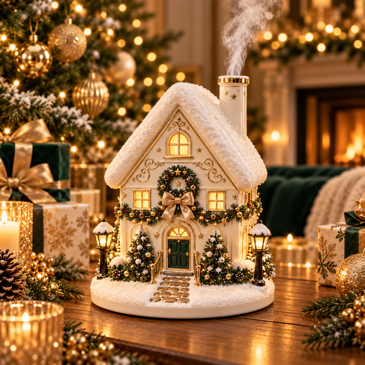 🎅Christmas Village Aroma Diffuser – Glowing Holiday House with Chimney Mist & Essential Oil Scent