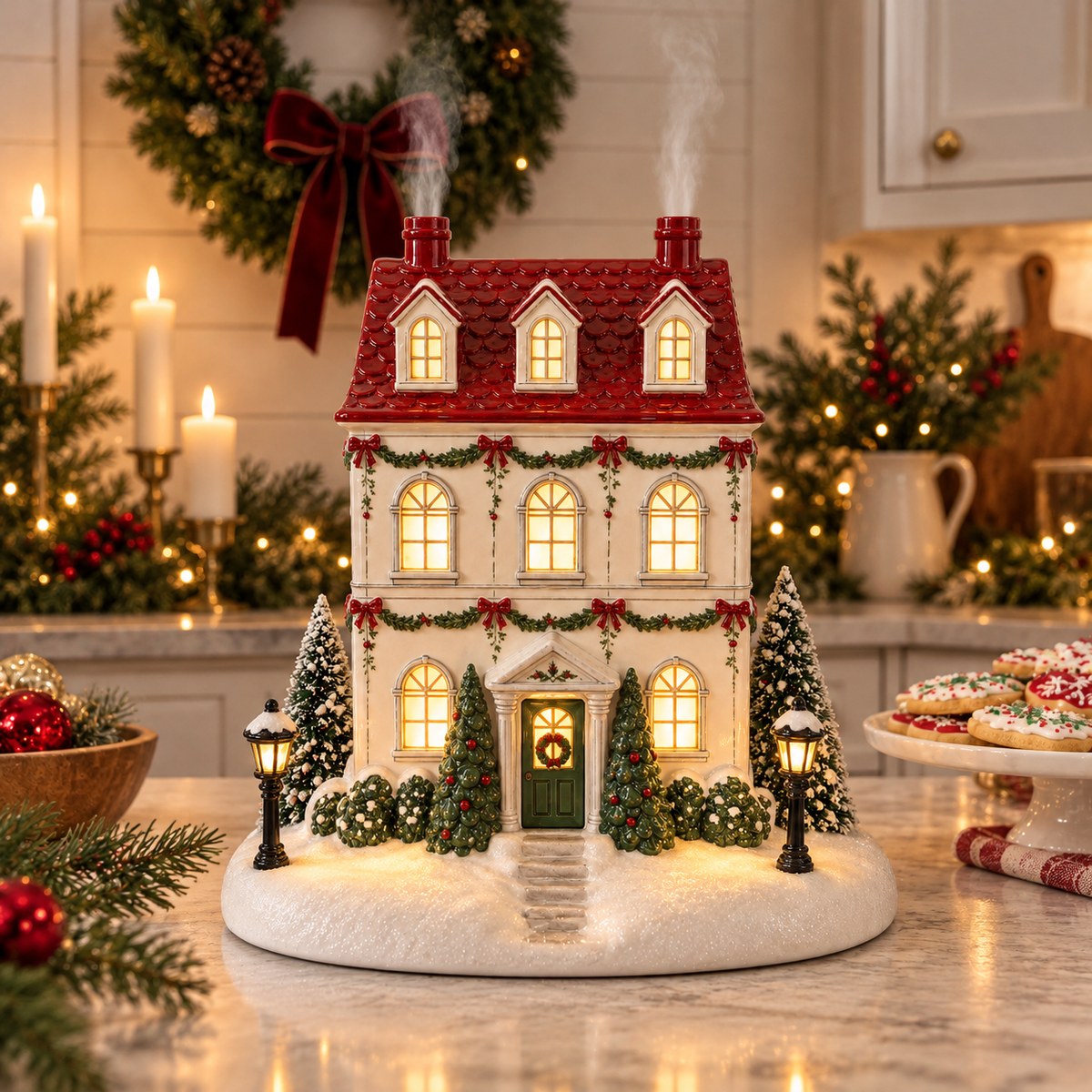 🎅Christmas Village Aroma Diffuser – Glowing Holiday House with Chimney Mist & Essential Oil Scent