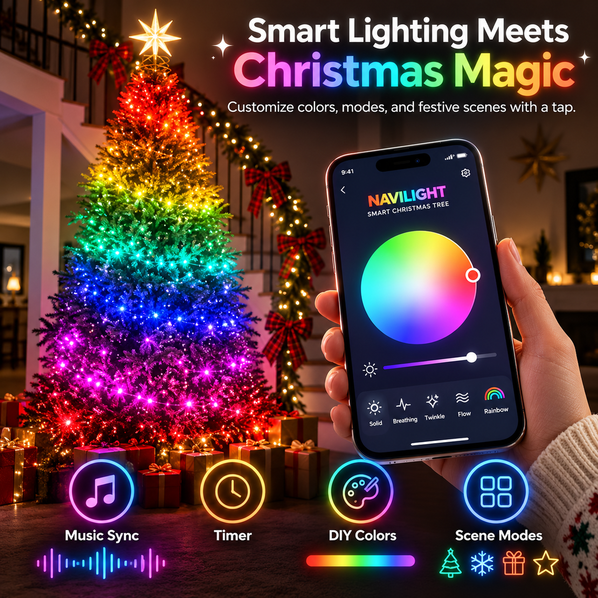 🎄✨ Smart LED Christmas Tree Lights – App-Controlled Rainbow Light Show with Magical Holiday Effects 🌈🎁