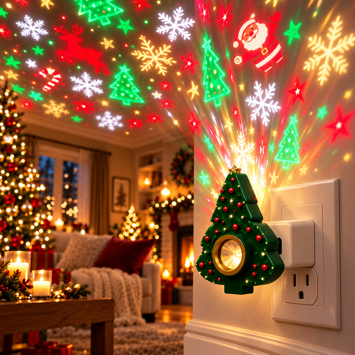 🎄✨ Magical Christmas Tree Projector Light – Santa & Snowflake Holiday Ceiling Display 🎅❄️