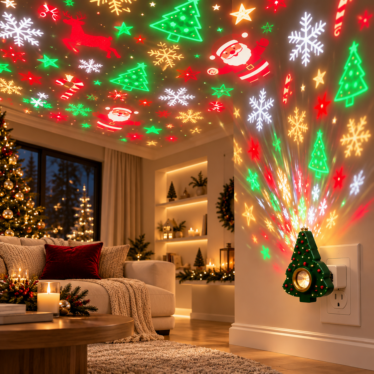🎄✨ Magical Christmas Tree Projector Light – Santa & Snowflake Holiday Ceiling Display 🎅❄️