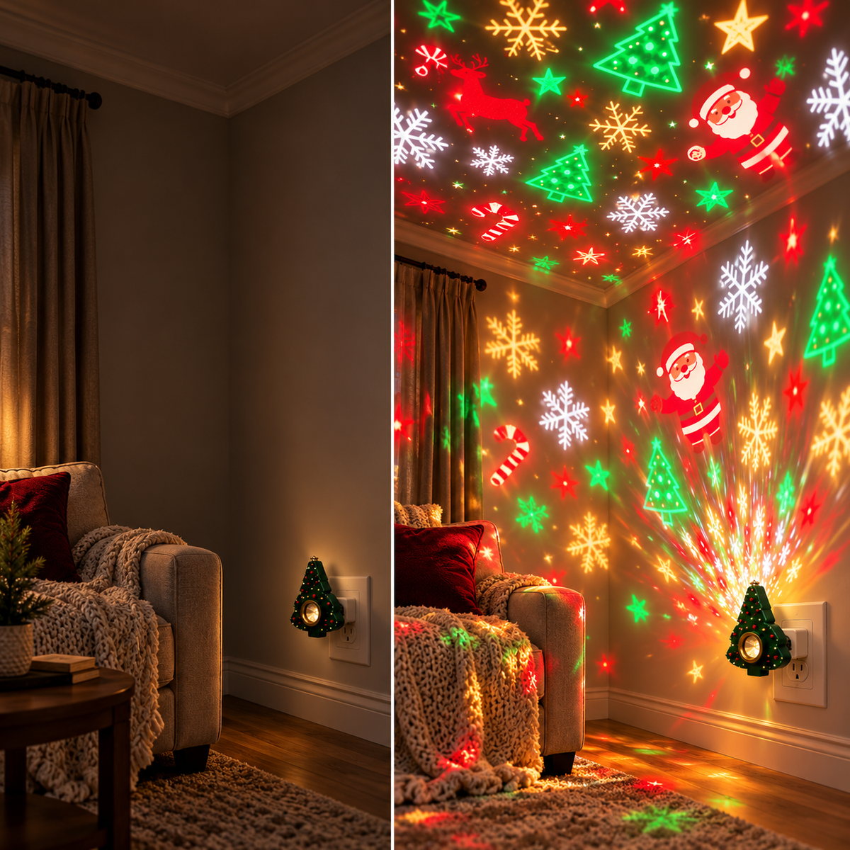 🎄✨ Magical Christmas Tree Projector Light – Santa & Snowflake Holiday Ceiling Display 🎅❄️