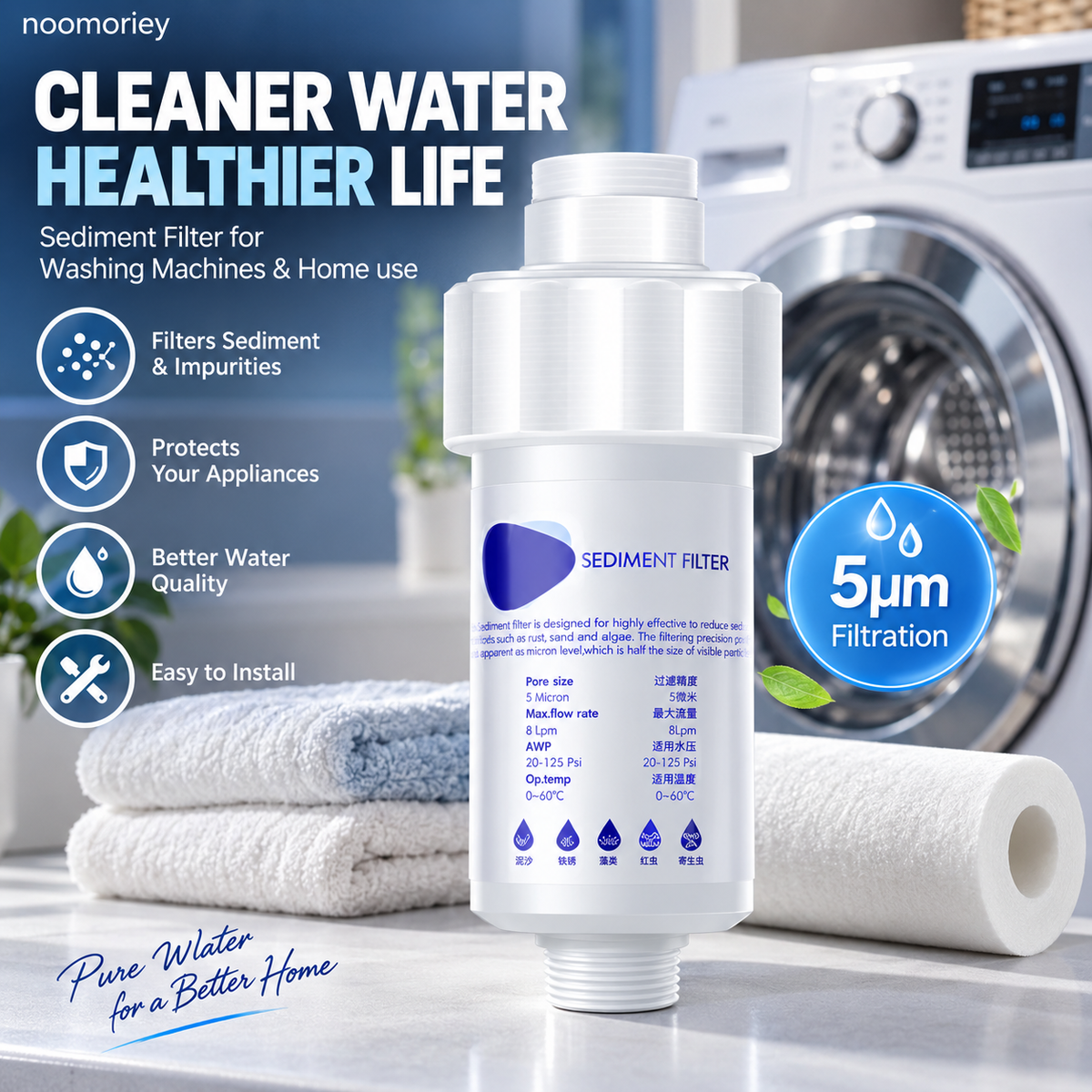 💧5-Micron Sediment Pre-Filter – Protects Appliances, G1/2 Fit