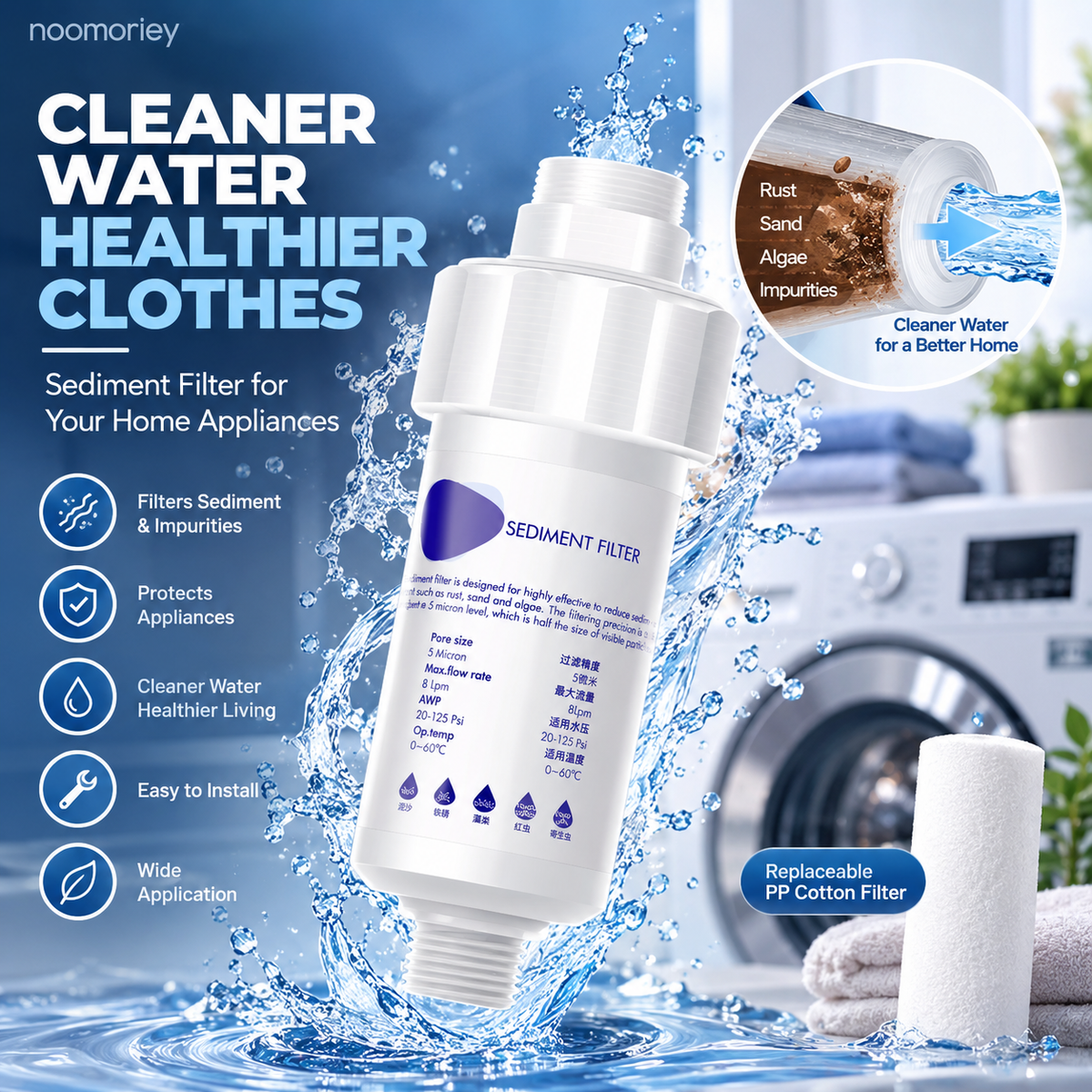 💧5-Micron Sediment Pre-Filter – Protects Appliances, G1/2 Fit