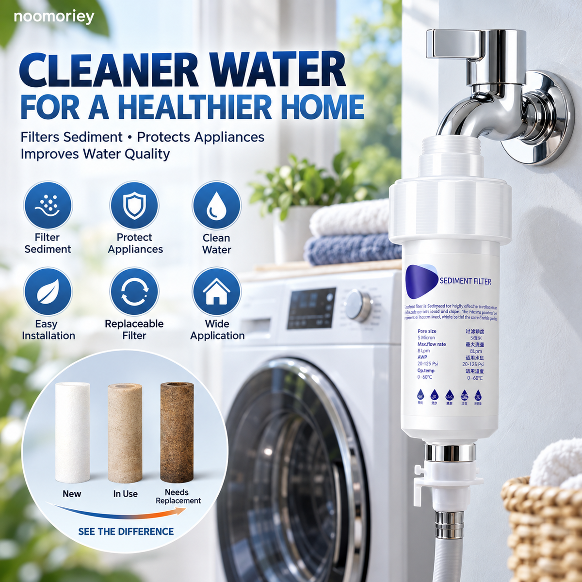 💧5-Micron Sediment Pre-Filter – Protects Appliances, G1/2 Fit