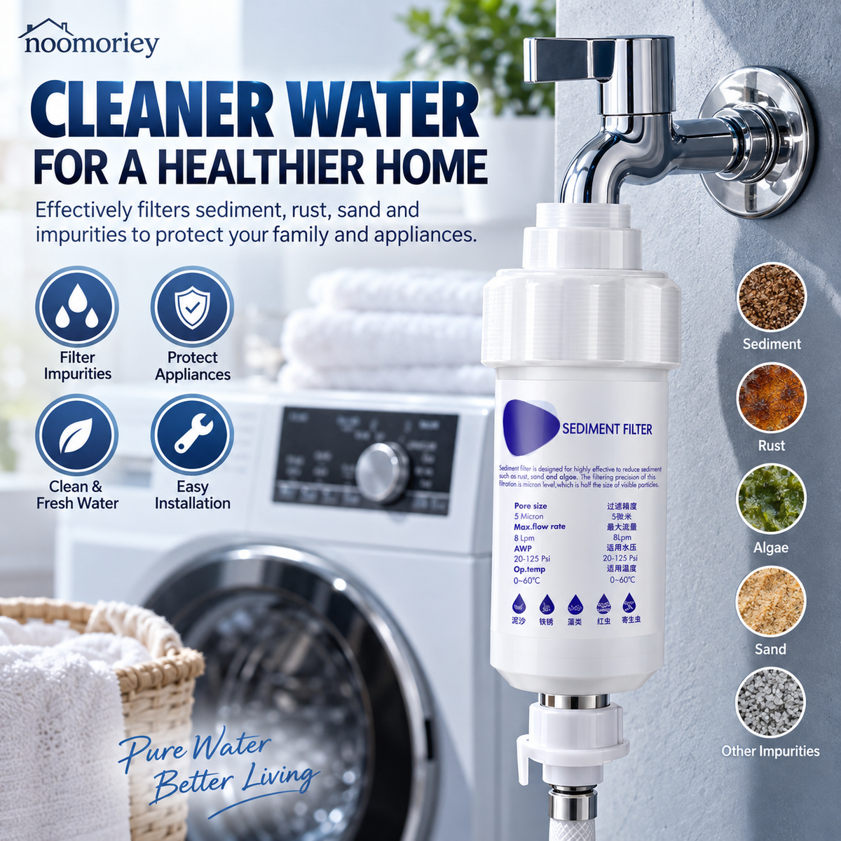 💧5-Micron Sediment Pre-Filter – Protects Appliances, G1/2 Fit