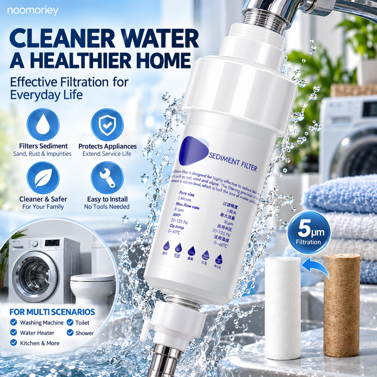 💧5-Micron Sediment Pre-Filter – Protects Appliances, G1/2 Fit