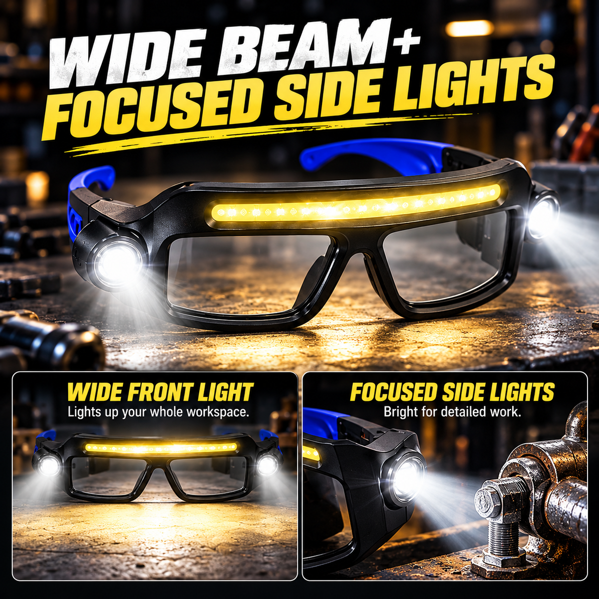 💡Hands-Free LED Work Glasses with Wide Front Beam, Side Lights & Over-Glasses Fit