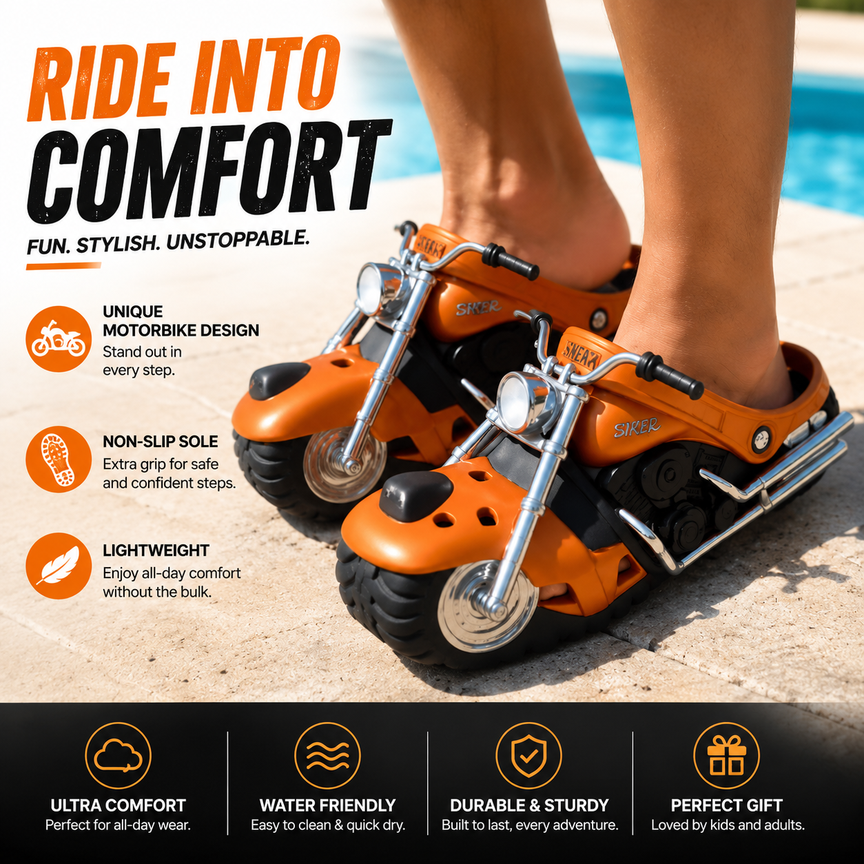 🏍️🔥 Motorcycle Slippers – Real LED Headlights, Unique Design, Non-Slip, Water-Friendly🔥