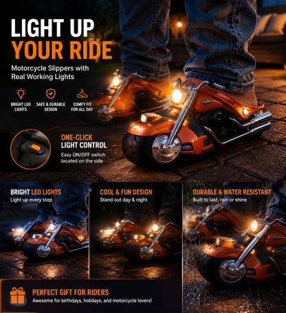 🏍️🔥 Motorcycle Slippers – Real LED Headlights, Unique Design, Non-Slip, Water-Friendly🔥