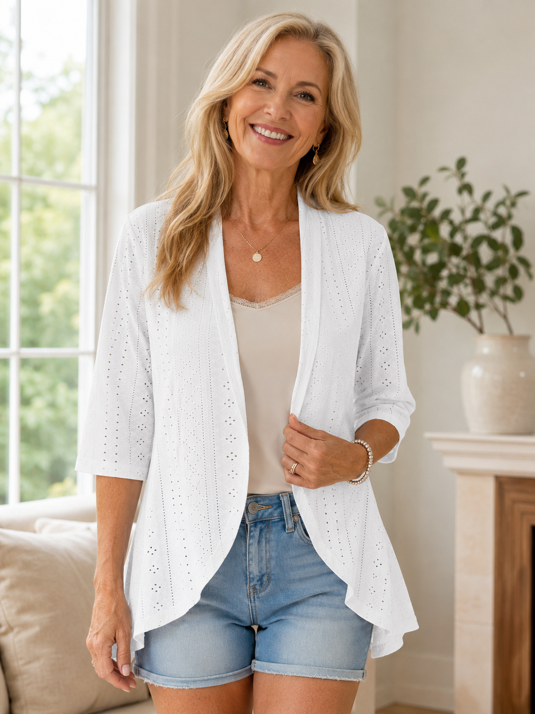 🤍 Women's Lightweight Eyelet Open-Front Cardigan