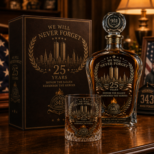 🍶 9/11 25th Anniversary Memorial Whiskey Decanter & Glass Gift Set – We Will Never Forget 343 Heroes Tribute