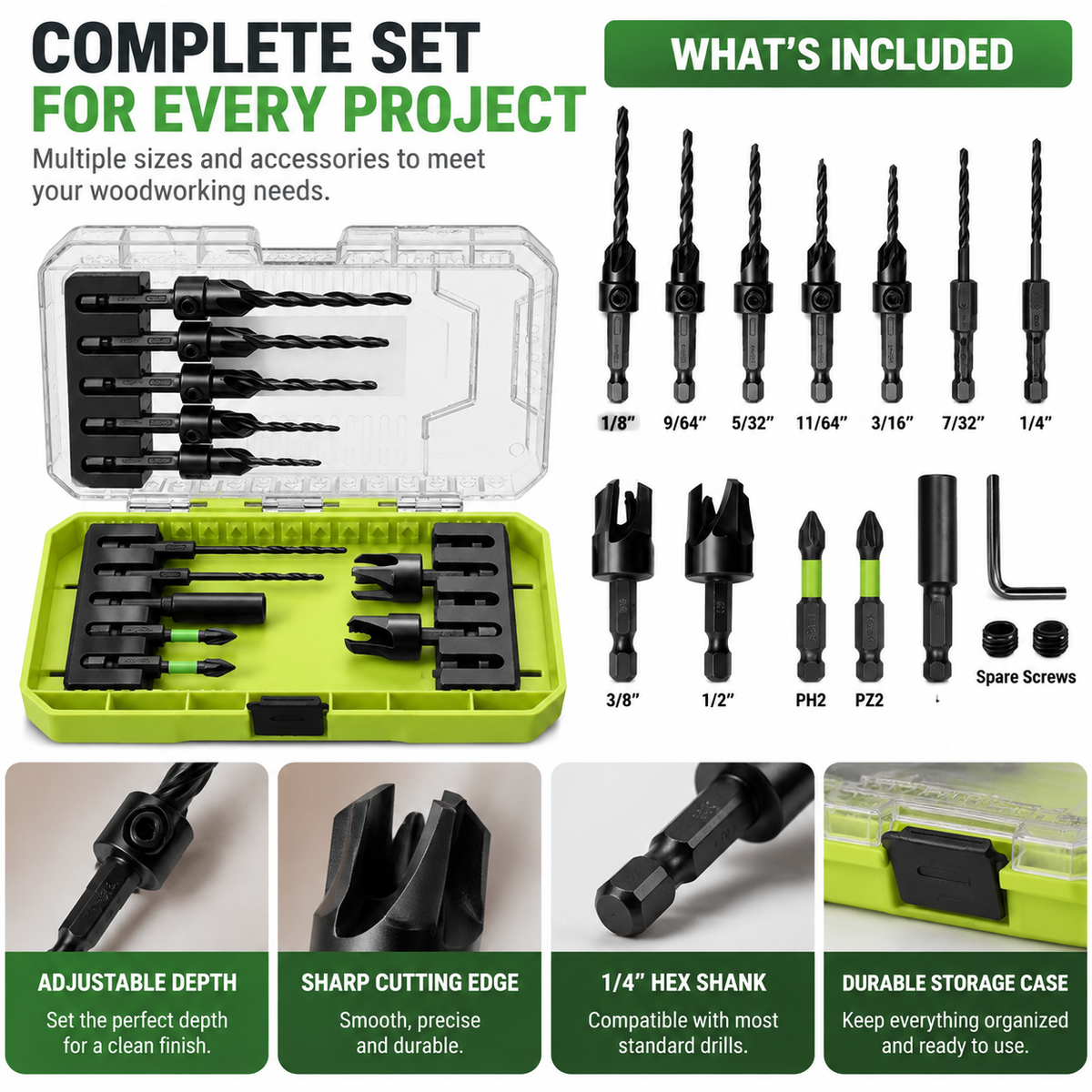 🛠️Countersink Drill Bit Set – Create Professional Flush Screw Finishes For DIY Woodworking Projects