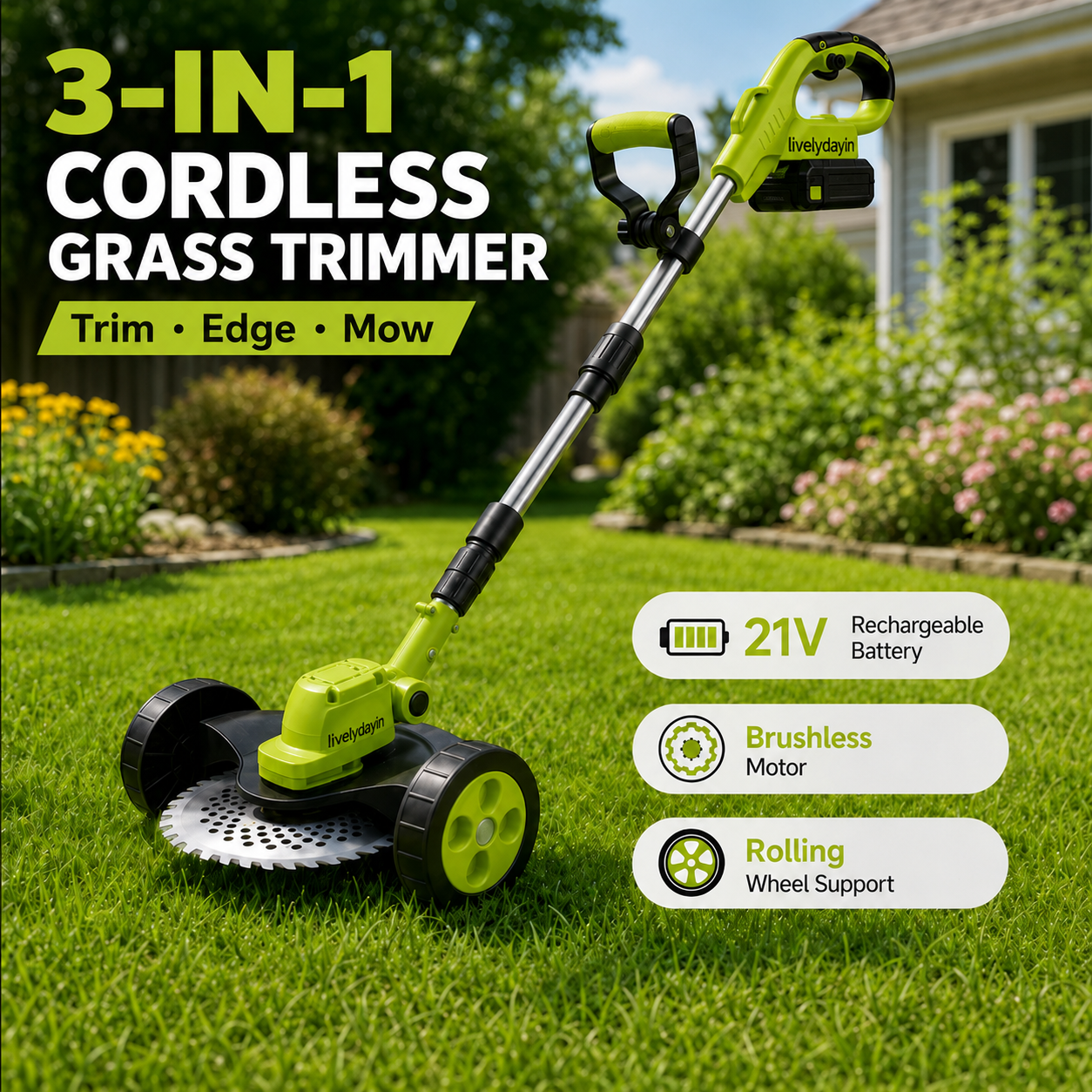 ⚡21V 3-in-1 Cordless String Trimmer, Edger & Mini Mower – 2 Batteries Included